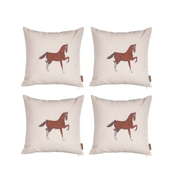 HomeRoots Set of Four 18" Beige Horse Embroidered Polyester Pillows for Rustic Charm & Cozy Comfort 491569