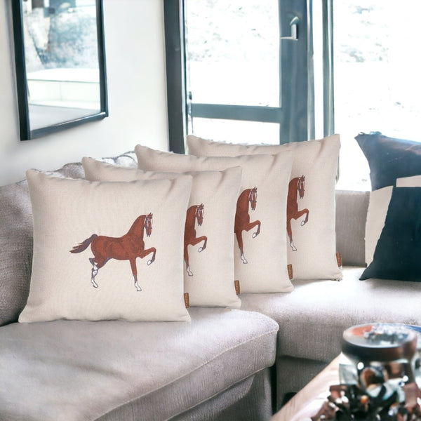 HomeRoots Set of Four 18" Beige Horse Embroidered Polyester Pillows for Rustic Charm & Cozy Comfort 491569