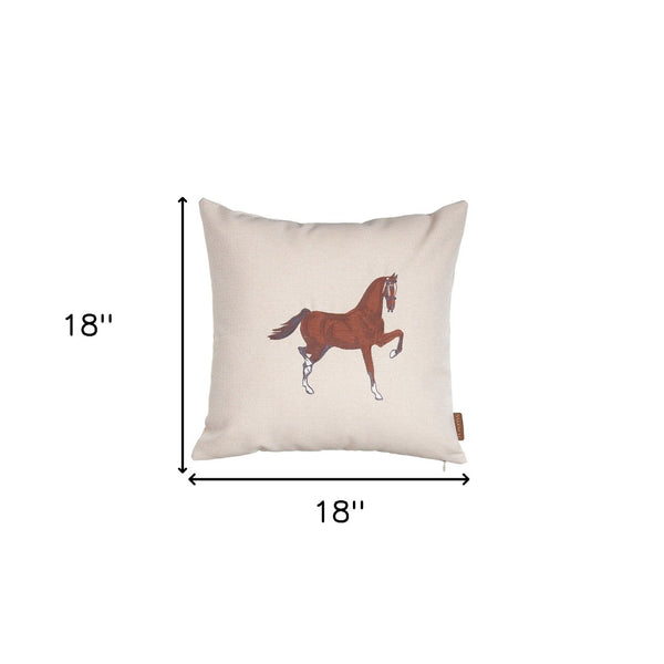 HomeRoots Set of Four 18" Beige Horse Embroidered Polyester Pillows for Rustic Charm & Cozy Comfort 491569