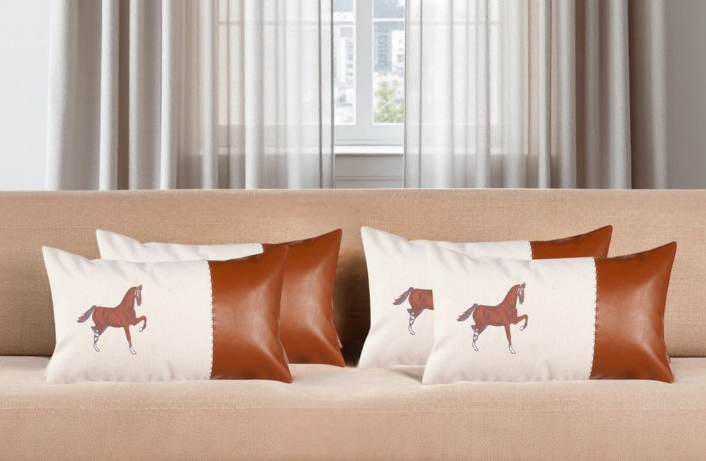 HomeRoots Set of Four Beige & Brown Color Block Lumbar Pillows with Embroidery for Stylish Home Decor 491570