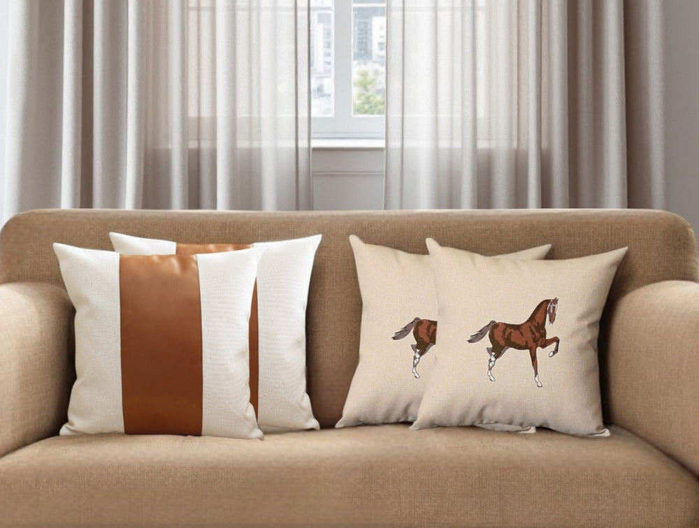 HomeRoots Set of Four Beige and Brown Horse Color Block Pillows with Embroidery for Elegant Home Decor 491571