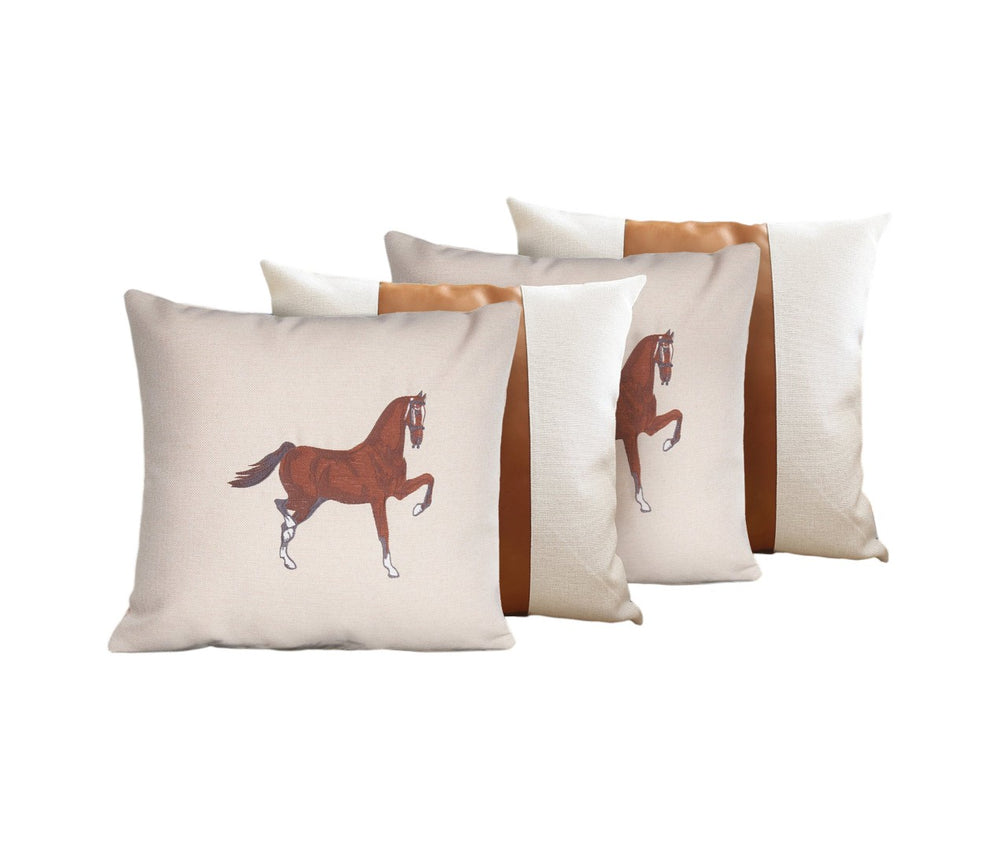 HomeRoots Set of Four Beige and Brown Horse Color Block Pillows with Embroidery for Elegant Home Decor 491571
