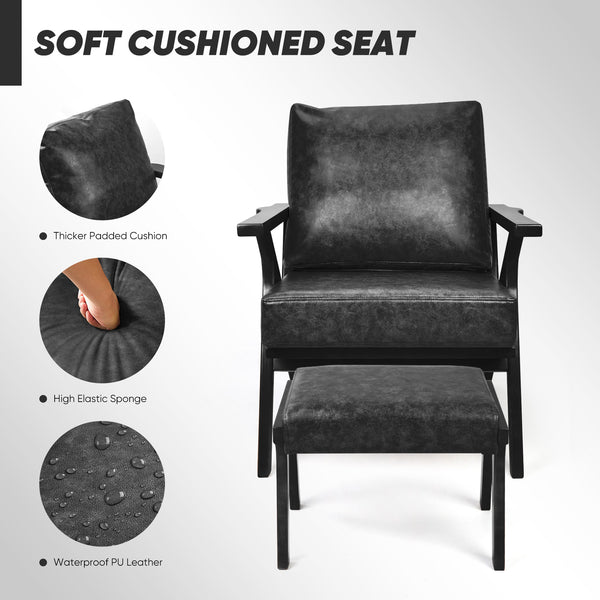 English Elm Mid-Century PU Leather Accent Chair with Ottoman — Ergonomic Thick Upholstery, Flared Legs, Durable Comfort Black T3950P397487