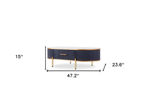 Homeroots 47" White And Gold Stone And Stainless Steel Oval Coffee Table With Drawer   491577