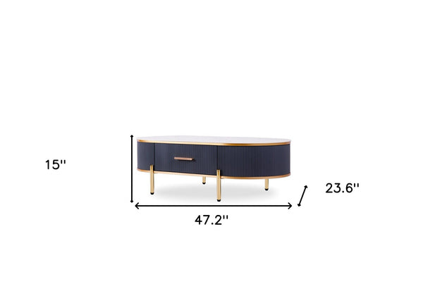 Homeroots 47" White And Gold Stone And Stainless Steel Oval Coffee Table With Drawer   491577