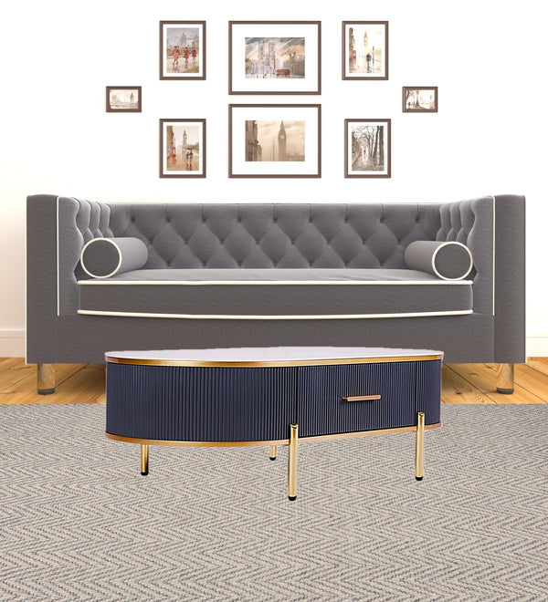 Homeroots 47" White And Gold Stone And Stainless Steel Oval Coffee Table With Drawer   491577