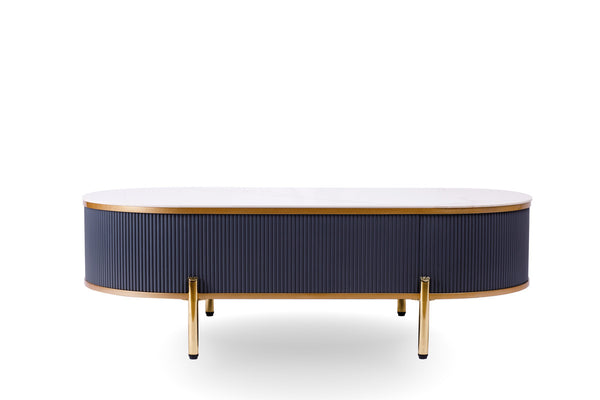 Homeroots 47" White And Gold Stone And Stainless Steel Oval Coffee Table With Drawer   491577