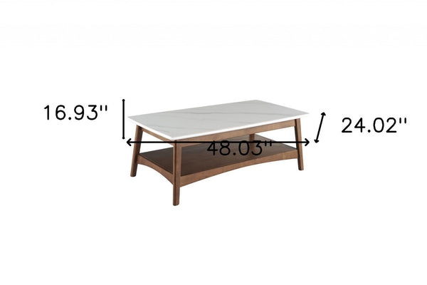 Homeroots 48" Walnut And White Stone Rectangular Coffee Table With Shelf   491578
