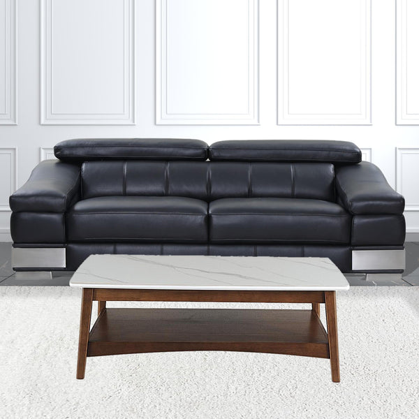 Homeroots 48" Walnut And White Stone Rectangular Coffee Table With Shelf   491578