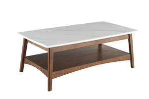 Homeroots 48" Walnut And White Stone Rectangular Coffee Table With Shelf   491578
