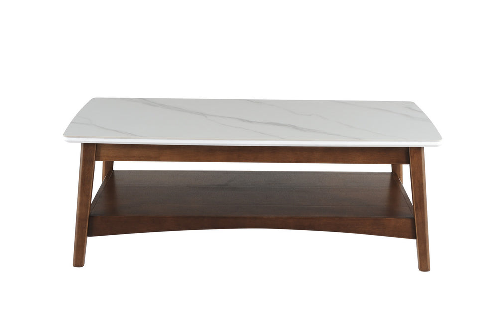 Homeroots 48" Walnut And White Stone Rectangular Coffee Table With Shelf   491578