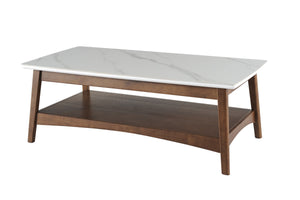 Homeroots 48" Walnut And White Stone Rectangular Coffee Table With Shelf   491578
