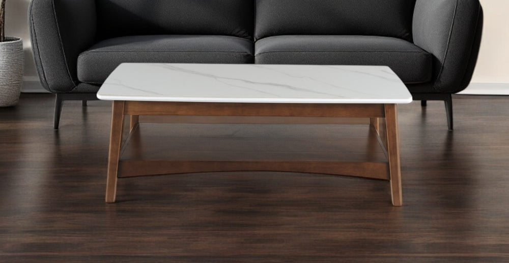 HomeRoots 48" Modern Walnut Coffee Table with White Sintered Stone Top & Lower Shelf for Stylish Storage 491578