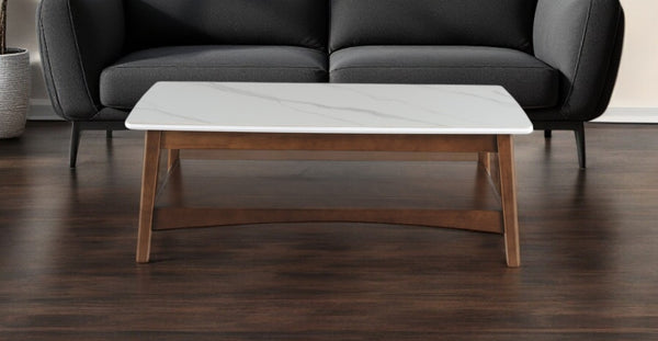 HomeRoots 48" Modern Walnut Coffee Table with White Sintered Stone Top & Lower Shelf for Stylish Storage 491578
