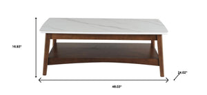HomeRoots 48" Modern Walnut Coffee Table with White Sintered Stone Top & Lower Shelf for Stylish Storage 491578
