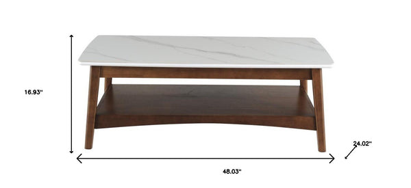HomeRoots 48" Modern Walnut Coffee Table with White Sintered Stone Top & Lower Shelf for Stylish Storage 491578