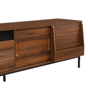 English Elm U-can Mid Century Walnut Media Console with Sliding Doors and Metal Frame for Living Rooms Brown N724P360370D