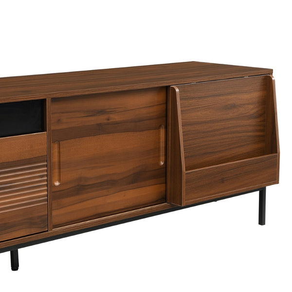 English Elm U-can Mid Century Walnut Media Console with Sliding Doors and Metal Frame for Living Rooms Brown N724P360370D