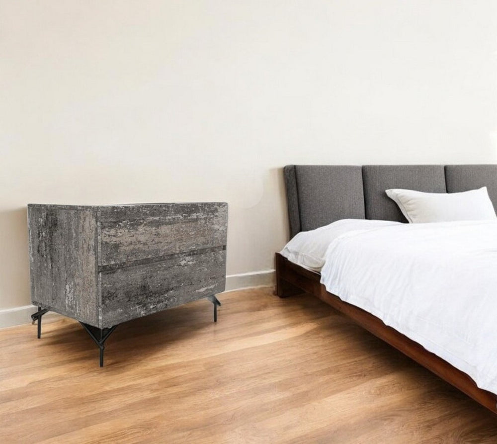 HomeRoots 21" Gray Iron and Wood Nightstand - Chic Two-Drawer Design with Soft-Close Drawers & Open Shelf 491590