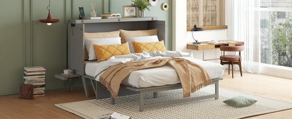 English Elm Queen Murphy Cabinet Bed Solid Pine Build with Usb Charging and Fold Out Desktop Grey W504S00167