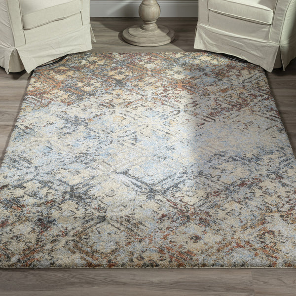 Homeroots 5' X 8' Brown Light Blue And Gray Distressed Diamond Area Rug  Polypropylene 491622