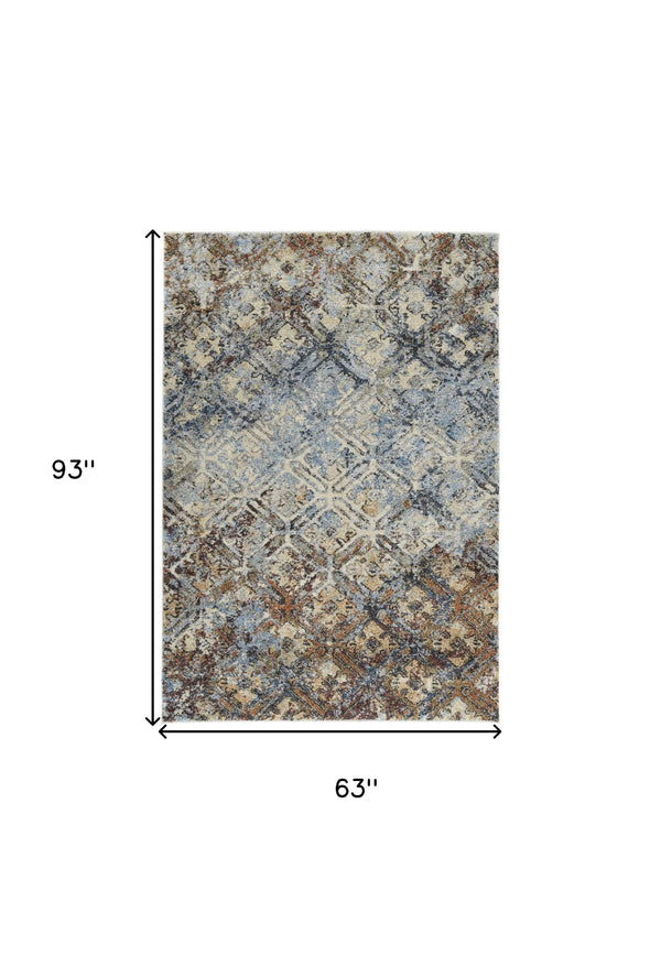 Homeroots 5' X 8' Brown Light Blue And Gray Distressed Diamond Area Rug  Polypropylene 491622