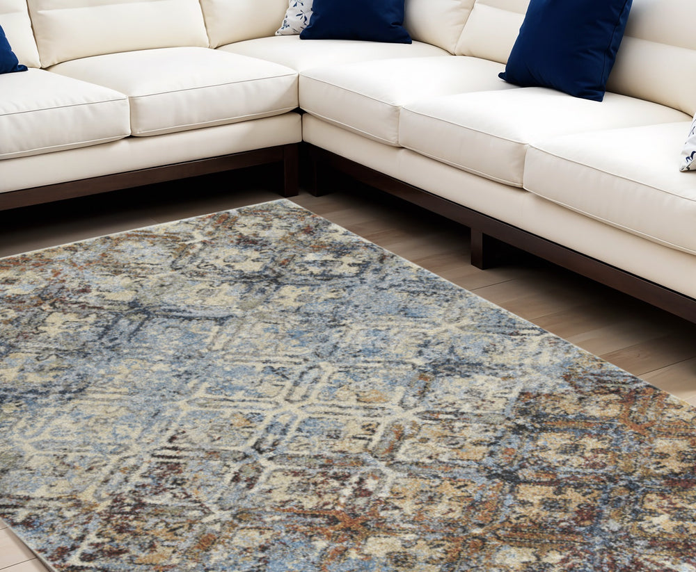 Homeroots 8' X 11' Brown Light Blue And Gray Distressed Diamond Area Rug  Polypropylene 491623