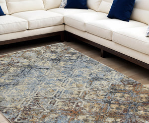 Homeroots 8' X 11' Brown Light Blue And Gray Distressed Diamond Area Rug  Polypropylene 491623