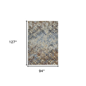 Homeroots 8' X 11' Brown Light Blue And Gray Distressed Diamond Area Rug  Polypropylene 491623