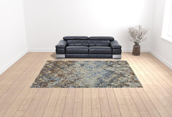 Homeroots 10' X 13'  Brown Light Blue And Gray Distressed Diamond Area Rug  Polypropylene 491624
