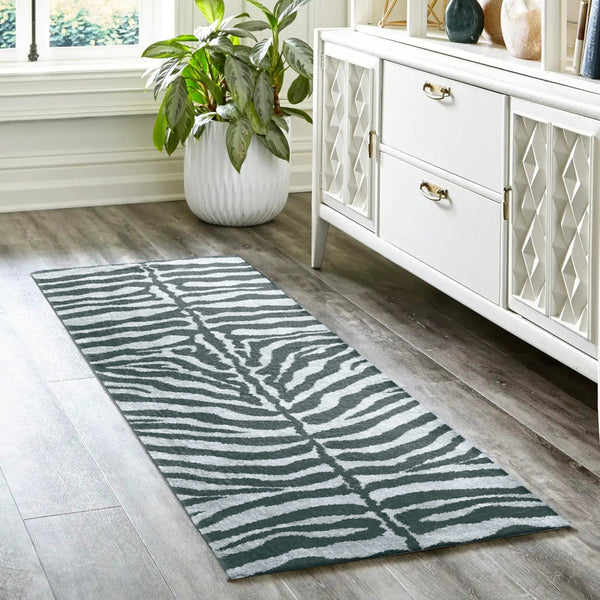 Homeroots 2' X 8' Grey Zebra Print Shag Handmade Non Skid Runner Rug  Polyester 491626
