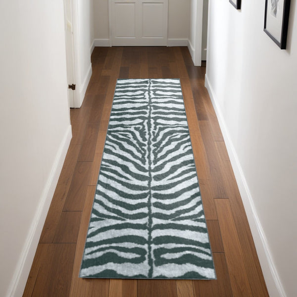 Homeroots 2' X 8' Grey Zebra Print Shag Handmade Non Skid Runner Rug  Polyester 491626