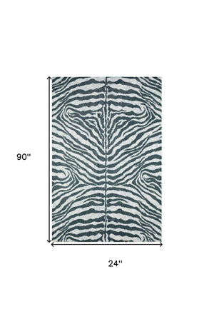 Homeroots 2' X 8' Grey Zebra Print Shag Handmade Non Skid Runner Rug  Polyester 491626