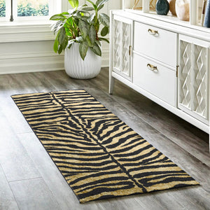 Homeroots 3' X 8' Black And Gold Animal Print Shag Handmade Non Skid Runner Rug  Polyester 491632