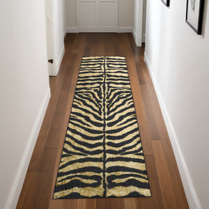Homeroots 3' X 8' Black And Gold Animal Print Shag Handmade Non Skid Runner Rug  Polyester 491632