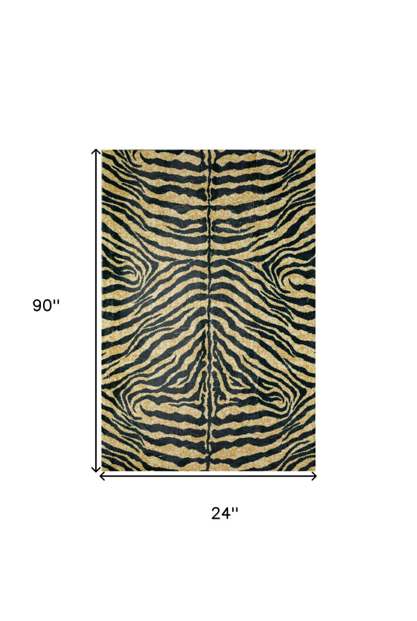 Homeroots 3' X 8' Black And Gold Animal Print Shag Handmade Non Skid Runner Rug  Polyester 491632