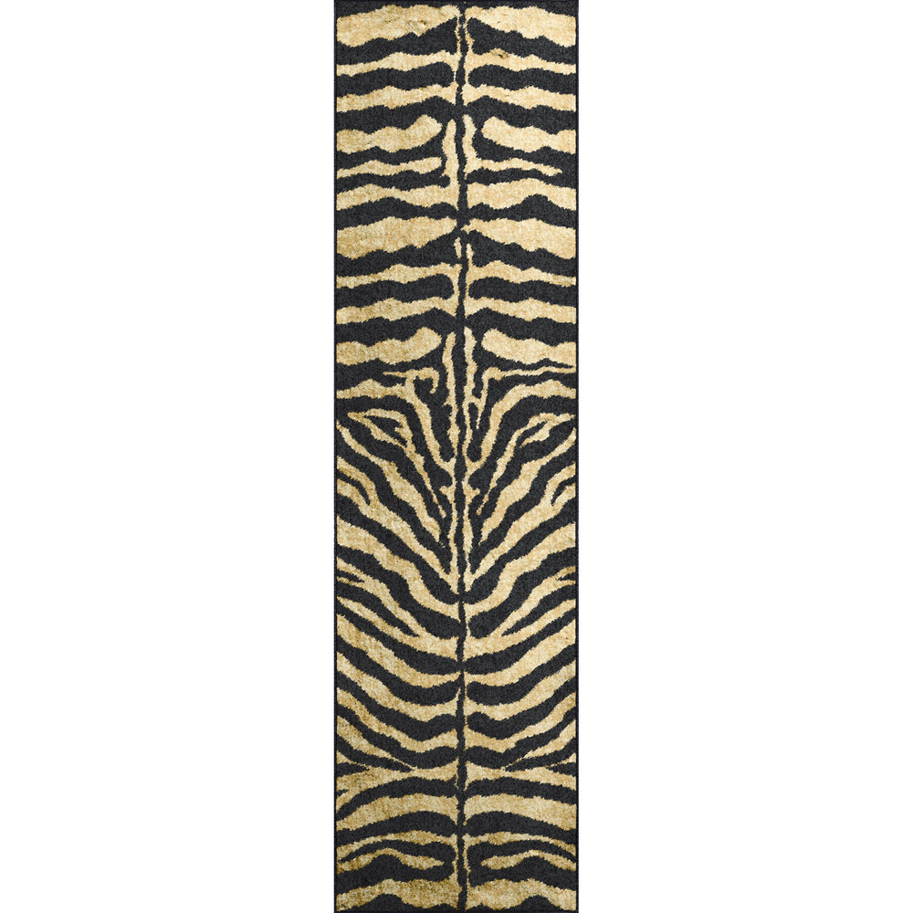 Homeroots 3' X 8' Black And Gold Animal Print Shag Handmade Non Skid Runner Rug  Polyester 491632