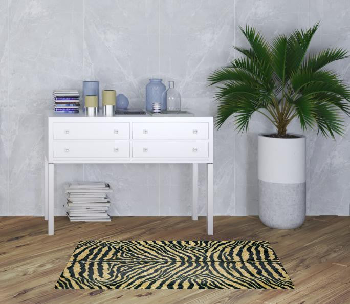 Homeroots 3' X 5' Black And Gold Animal Print Shag Handmade Non Skid Area Rug  Polyester 491633