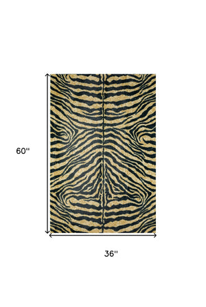Homeroots 3' X 5' Black And Gold Animal Print Shag Handmade Non Skid Area Rug  Polyester 491633