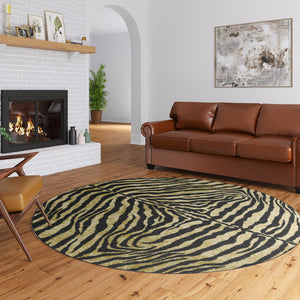 Homeroots 8' X 8' Black And Gold Round Animal Print Shag Handmade Non Skid Area Rug  Polyester 491636