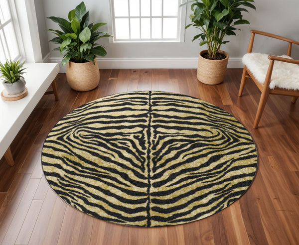 Homeroots 8' X 8' Black And Gold Round Animal Print Shag Handmade Non Skid Area Rug  Polyester 491636