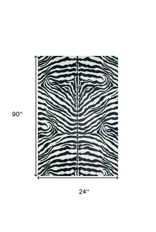 Homeroots 3' X 8' Black And White Zebra Print Shag Handmade Non Skid Runner Rug  Polyester 491638