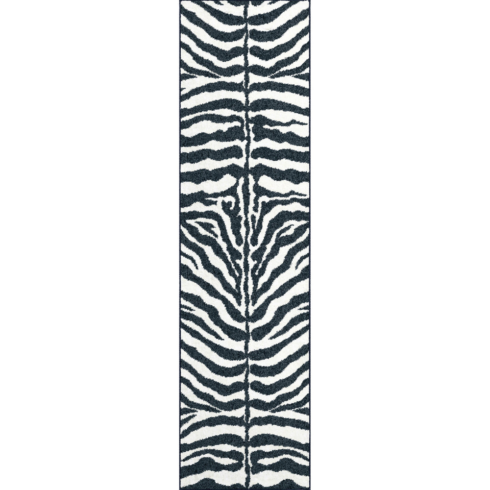 Homeroots 3' X 8' Black And White Zebra Print Shag Handmade Non Skid Runner Rug  Polyester 491638