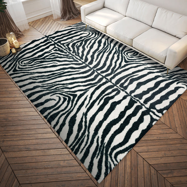 Homeroots 3' X 5' Black And White Zebra Print Shag Handmade Non Skid Area Rug  Polyester 491639
