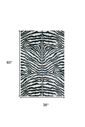 Homeroots 3' X 5' Black And White Zebra Print Shag Handmade Non Skid Area Rug  Polyester 491639