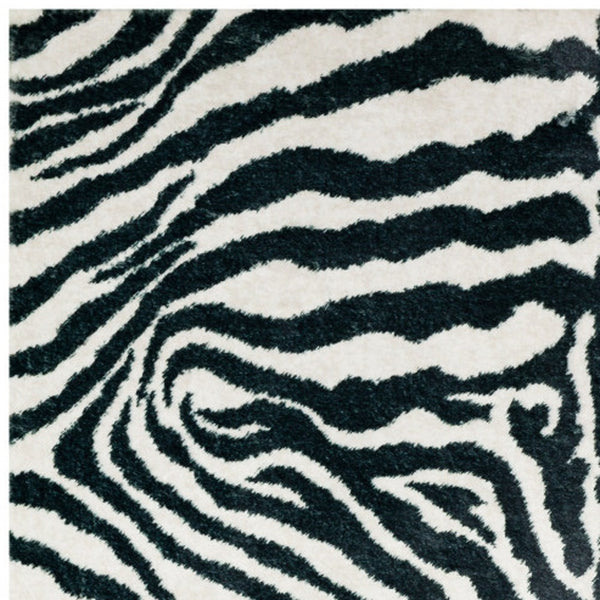 Homeroots 3' X 5' Black And White Zebra Print Shag Handmade Non Skid Area Rug  Polyester 491639