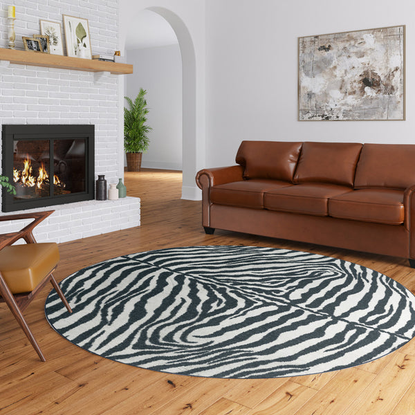 Homeroots 8' X 8' Black And White Zebra Print Round Shag Handmade Non Skid Area Rug  Polyester 491642