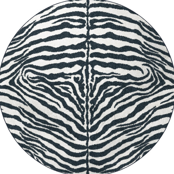 Homeroots 8' X 8' Black And White Zebra Print Round Shag Handmade Non Skid Area Rug  Polyester 491642