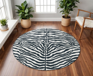 Homeroots 8' X 8' Black And White Zebra Print Round Shag Handmade Non Skid Area Rug  Polyester 491642