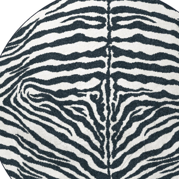 Homeroots 8' X 8' Black And White Zebra Print Round Shag Handmade Non Skid Area Rug  Polyester 491642
